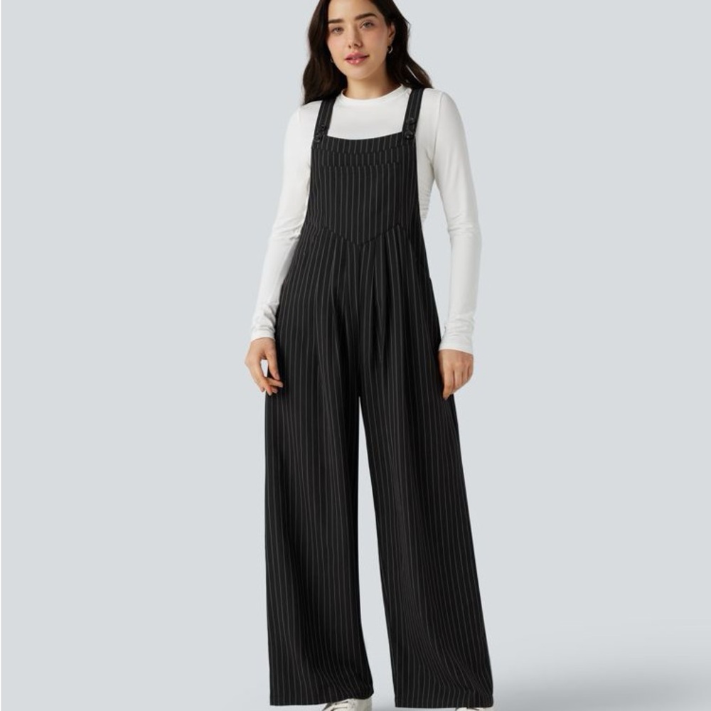 HALARA Black Pinstripe Wide-Leg Overalls